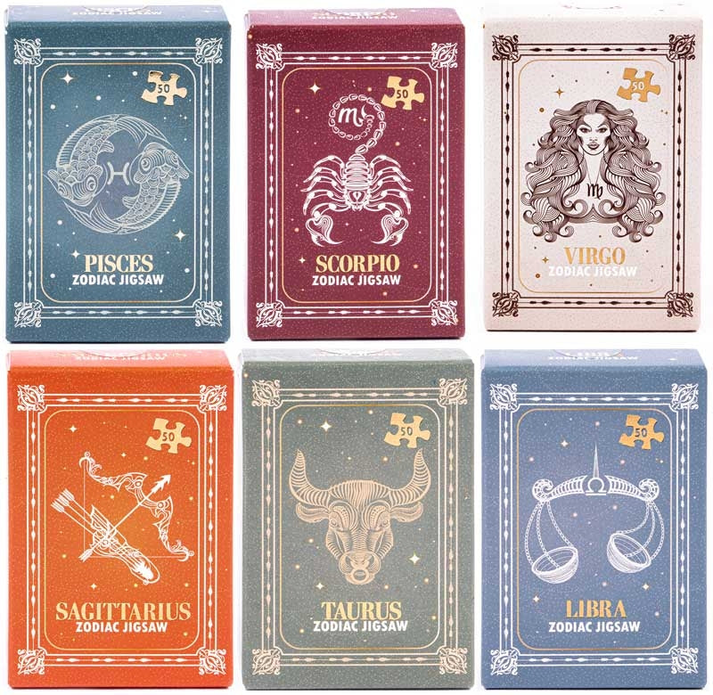 Puslespil - Mini Zodiac Signs, 50 brikker - Fisken, Skorpion, Jomfru, Skytten, Tyren, Vægten