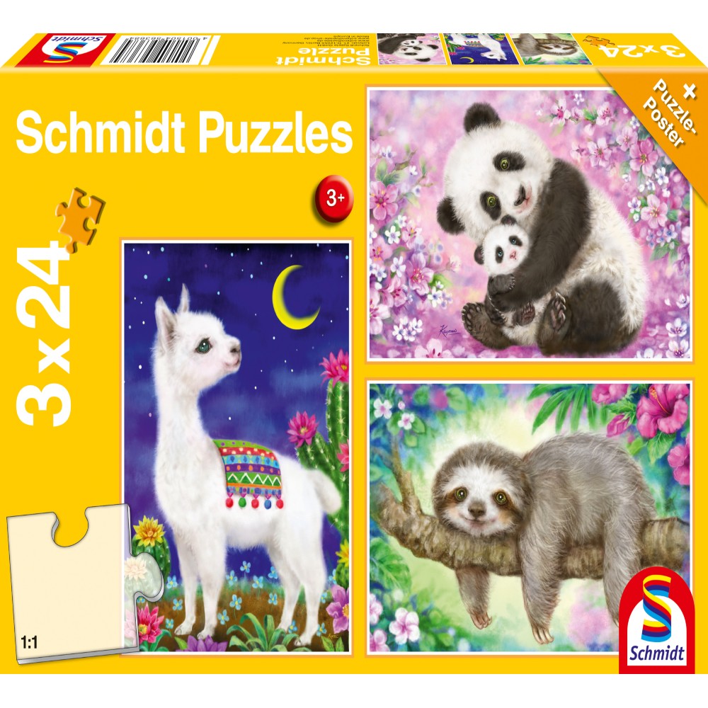 Puslespil - Panda, Llama og Dovendyr, 3x24 brikker