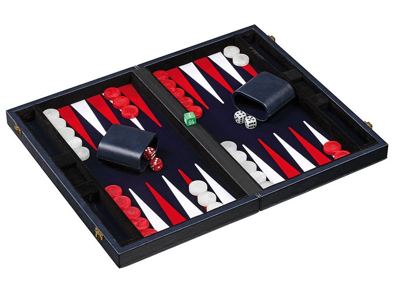 Backgammon - Philos 38 cm: Blå Syntetisk Læder med røde og hvide felter